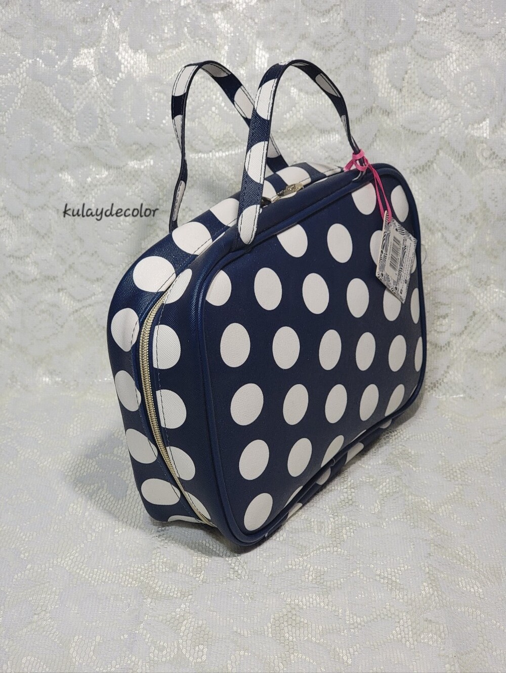 Dabney Lee Navy Blue White Polka Dot Cosmetic Travel Large Toiletry Bag Zip Tote - Picture 2 of 16